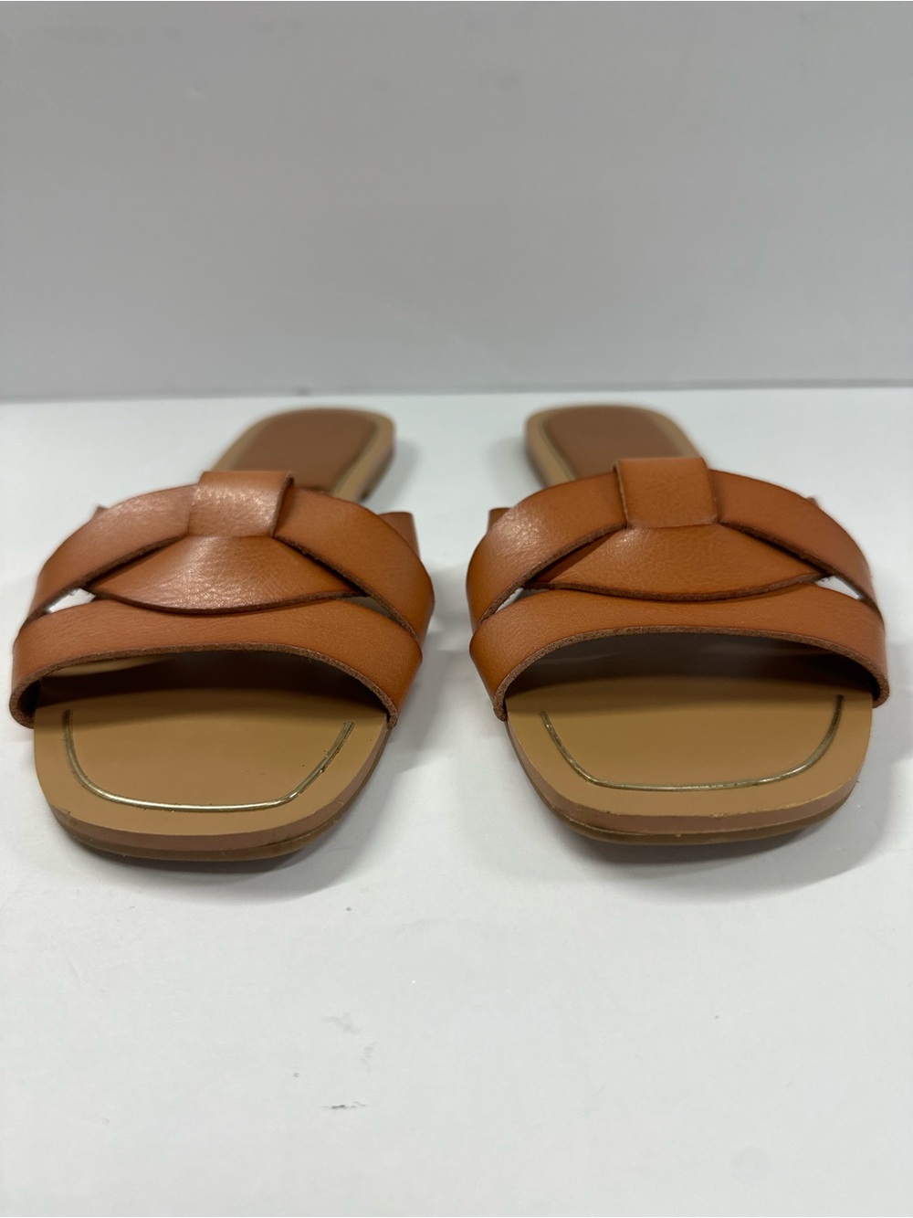 Tahari Cognac Brown Woven Leather Square Toe Slide Sandals Size 7.5